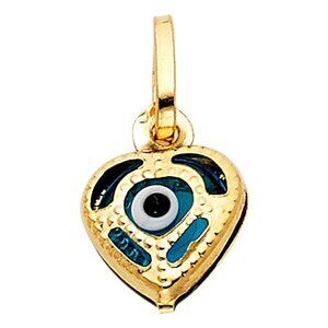 14K Solid Yellow Gold Heart Evil Eye Pendant Blue